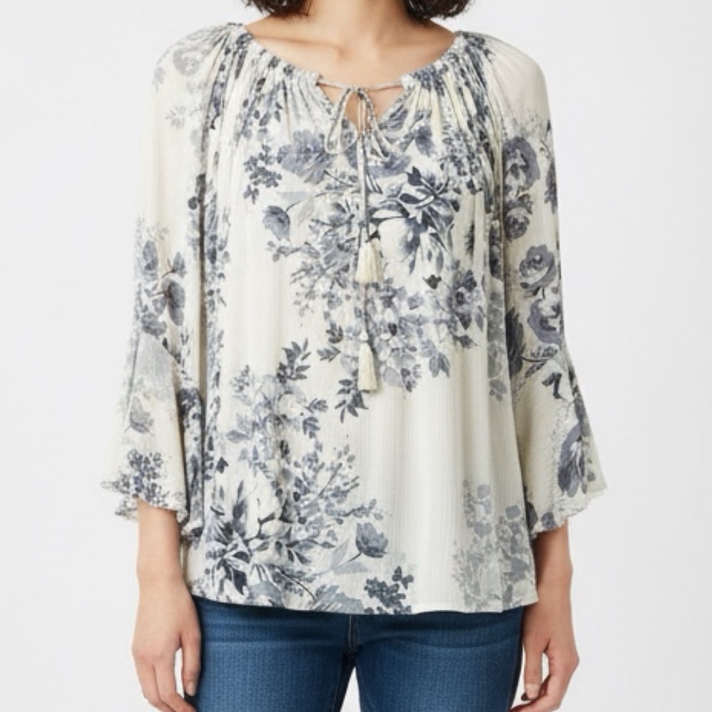 Lovestitch Boho Flowing Floral Blouse Bell Sleeves -Cream and Blue - Size Small